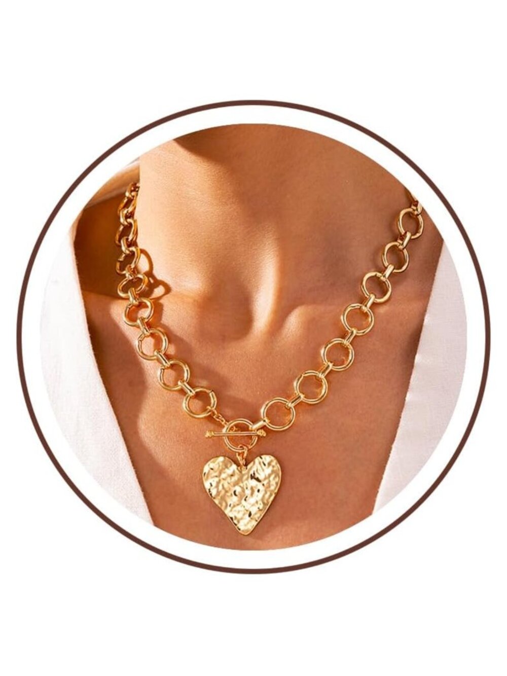 Chunky Heart Pendant Necklace 14K Gold Plated Brass Toggle Clasp Adjustable